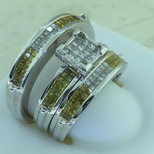 3pcs Yellow White Princess Cut Diamond Wedding Set